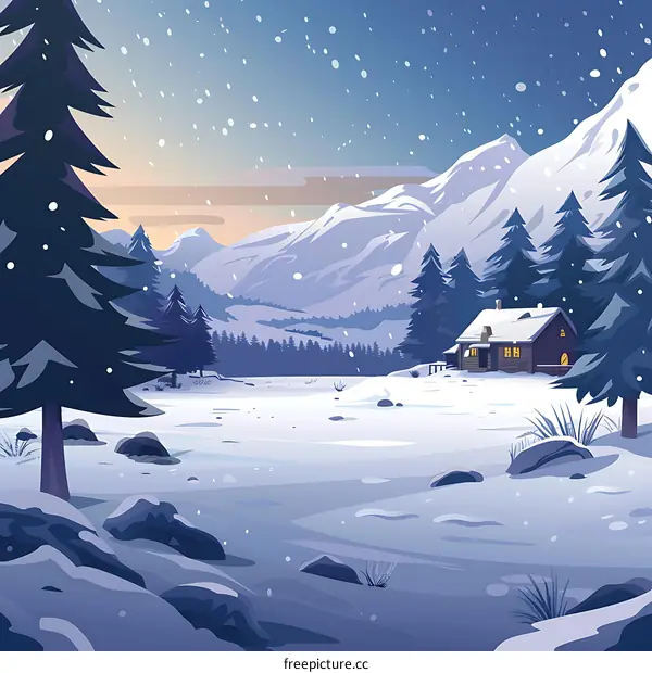 Winter Landscape with Cabin and Snowfall