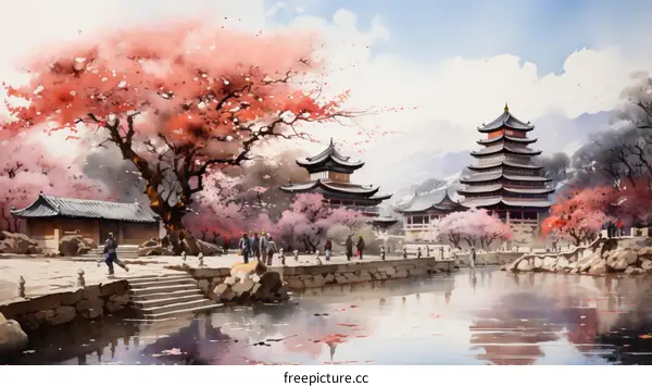 An illustration of a traditional Chinese courtyard with a cherry blossom tree in the foreground and a river in the background