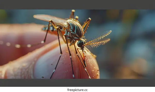 Mosquito Perched on Human Finger