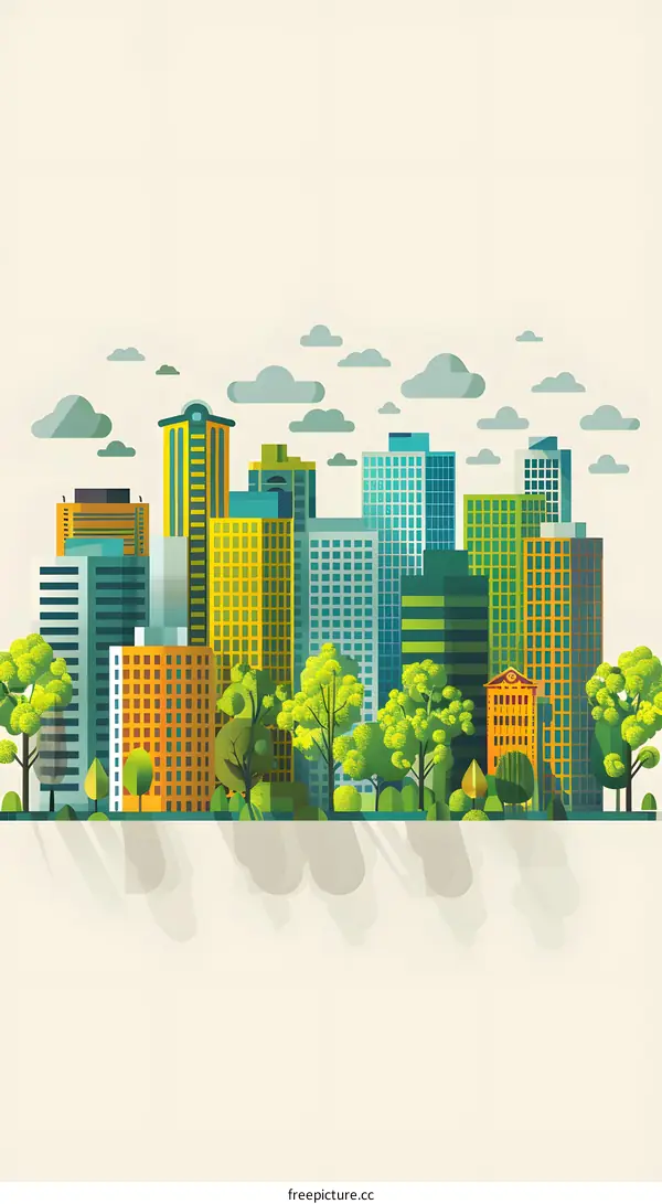 Cityscape with Green Trees and Buildings