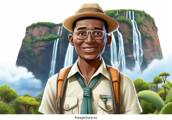 Black male tour guide smiling in front of waterfall