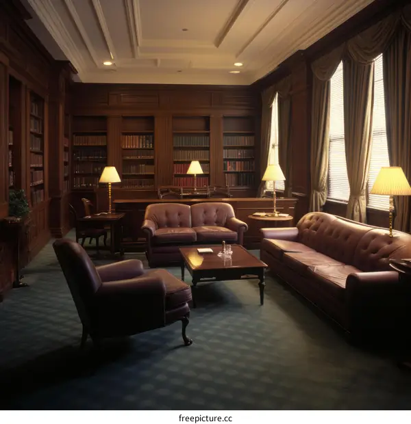 Opulent Mahogany Library with Leather Furniture