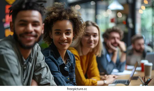 Diverse Group of Friends Smiling at Camera in Cafe