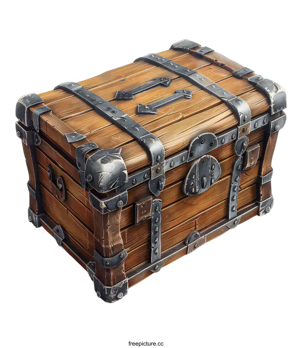 [Transparent Background PNG]A wooden treasure chest with metal bands and a large lock