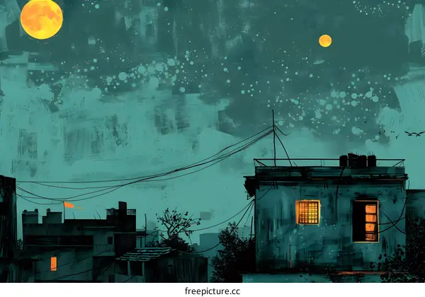 Night Sky Over City Buildings Illustration