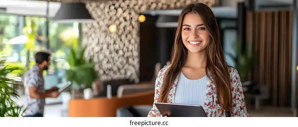 Smiling Woman in Floral Dress Holding Tablet in Office Building