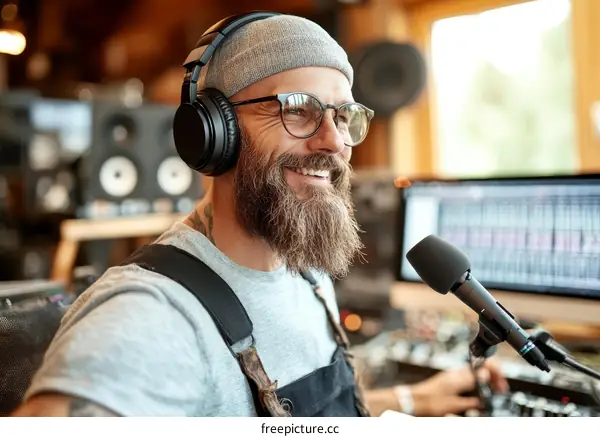 Man in Recording Studio with Headphones and Microphone