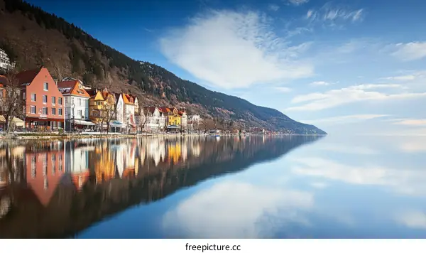 Colorful Lakeside Village Reflected in Still Water