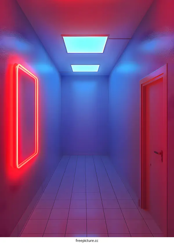 Neon Light Corridor With Red And Blue Lights