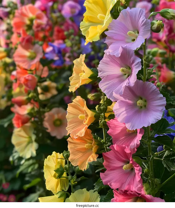 Colorful Hollyhock Flowers in Bloom