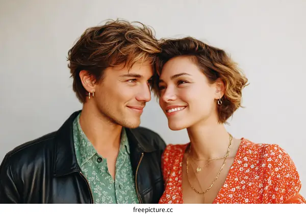 A Young Happy Couple Smiling Closely Together Indoors