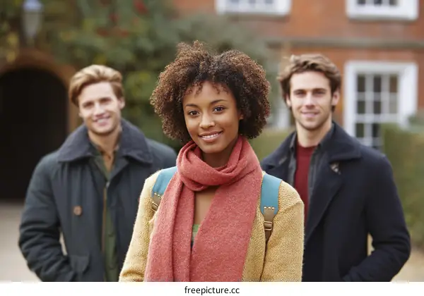 Three Students Walking Outdoors in Autumn
