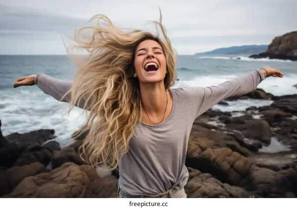 Laughing woman standing on the rocky beach with arms outstretched
