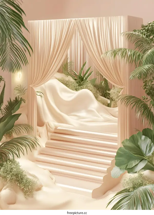 Minimalist 3D Render of Staircase with Drapery and Tropical Plants
