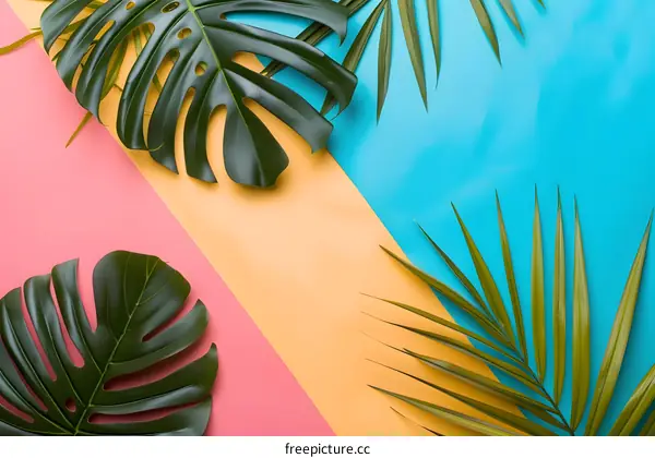 Tropical Leaves on a Bright Colored Background