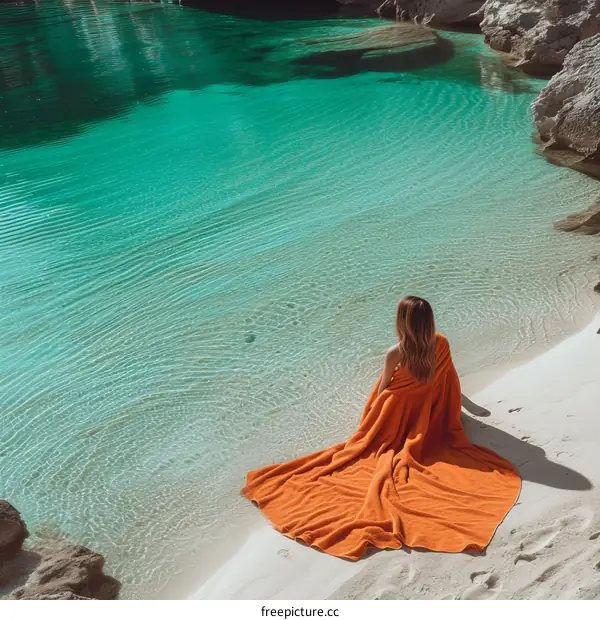 woman in orange towel sitting on beach sand near green blue sea water