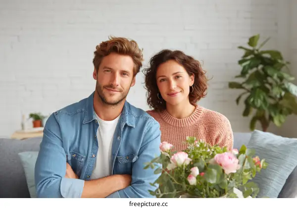 Couple Sitting on Sofa with Flowers