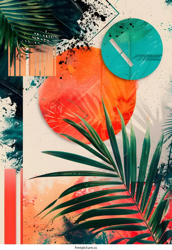 Abstract Tropical Palm Leaf With Orange and Teal Circles