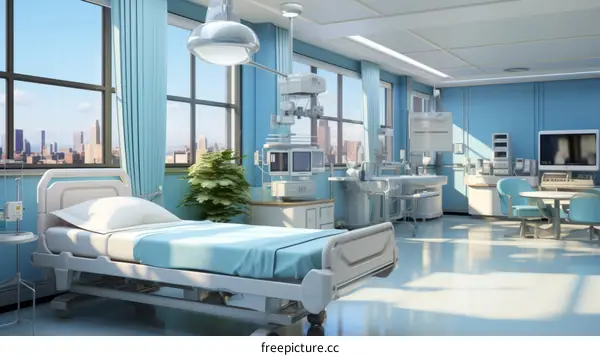 A modern hospital room with a bed, medical equipment, and a city view