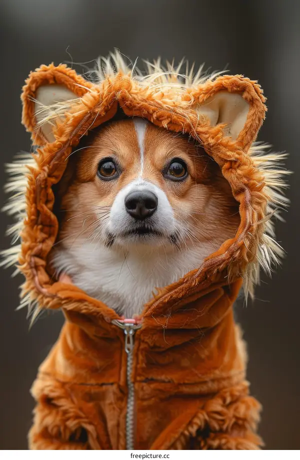 A cute dog wearing a lion costume