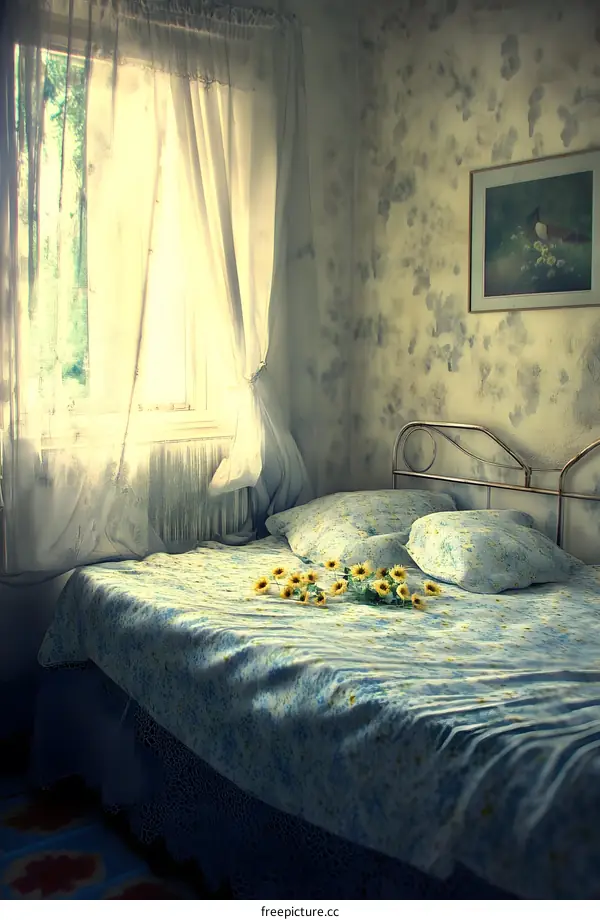 Vintage Bedroom with Sunflowers on Bed