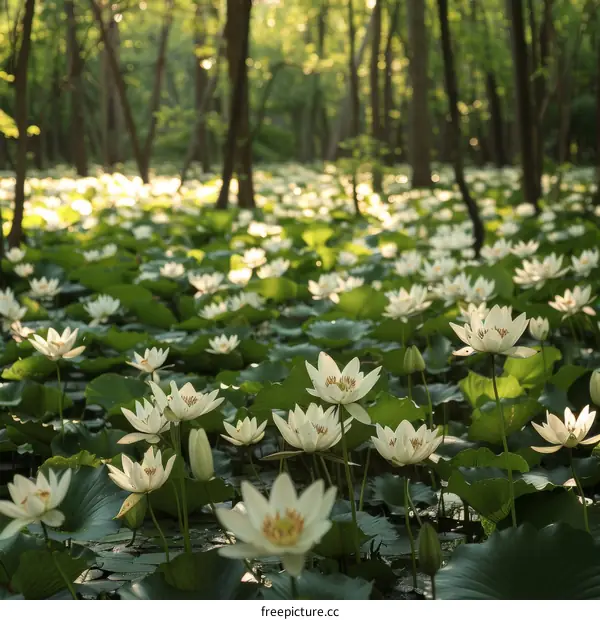 White lotus blooming in a pond