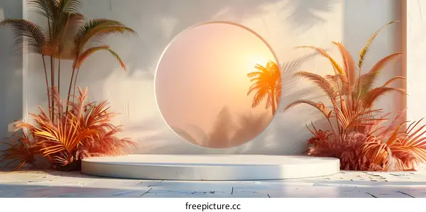 Tropical plants and sunlight on a podium