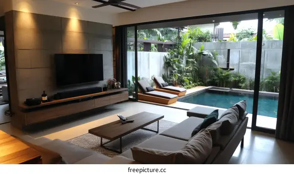 Modern Living Room with Outdoor Pool View