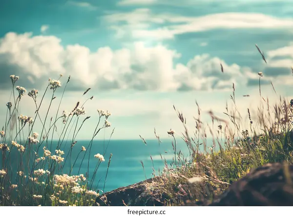 Sea Coastline with White Flowers and Blue Sky