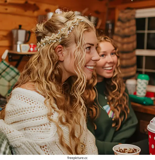 Two Blonde Caucasian Women Smiling at Each Other While Sitting in a Cozy Cabin
