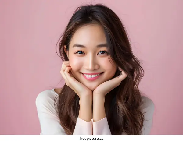 Portrait of a Smiling Asian Woman with Long Brown Hair