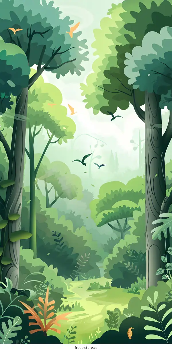 Green Forest Illustration With Lush Foliage and Birds
