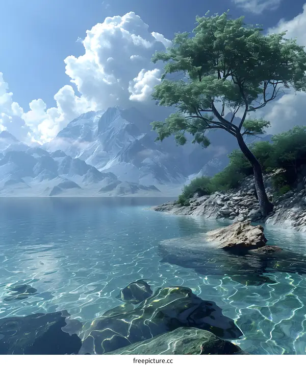 The crystal clear lake and the green tree