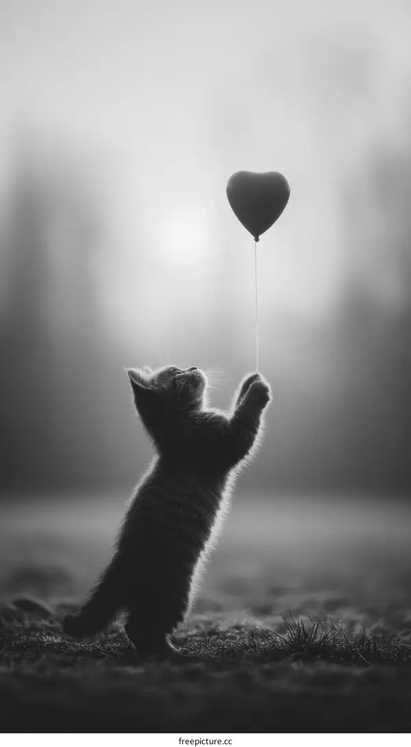Kitten Reaching for a Heart-Shaped Balloon