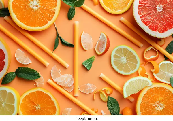 Orange, Lemon and Grapefruit Slices with Mint Leaves and Straws on Orange Background