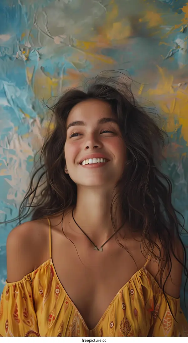 Smiling Woman in Yellow Dress against Colorful Abstract Background