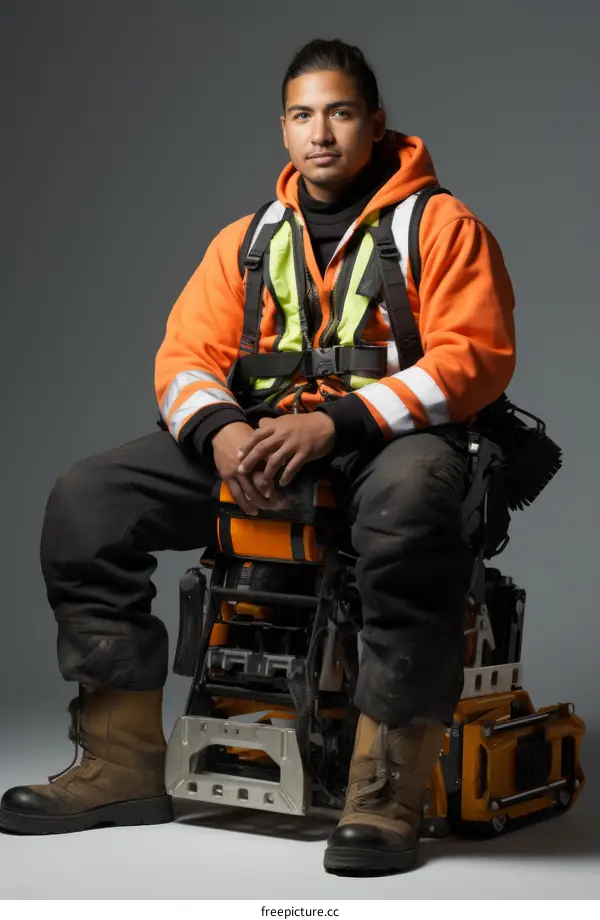 Portrait of a young man in an orange hard hat and black jacket sitting on a motorized wheelchair