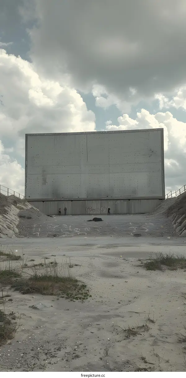 Large Concrete Wall in Front of Open Field With People