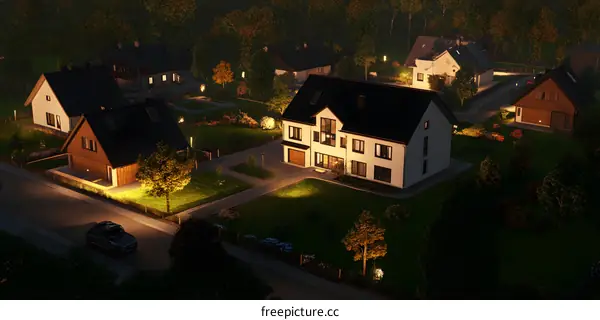 Aerial View of Suburban Houses at Night