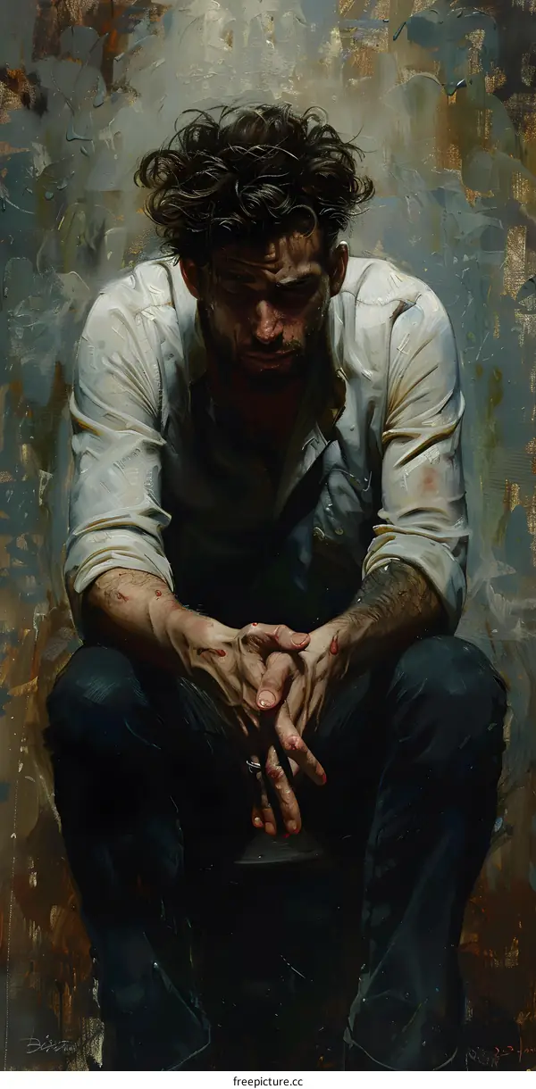 Portrait of a man with dark hair and tattoos sitting on a chair