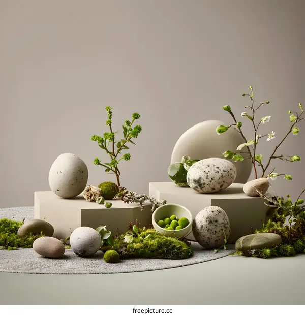 Green Moss and Pebbles on Beige Background