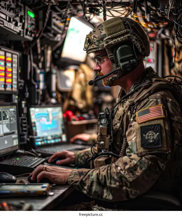 Soldier in a military vehicle using a computer
