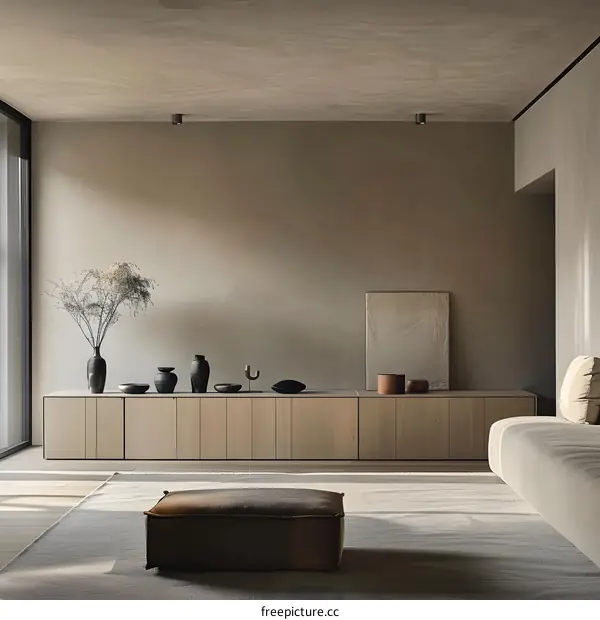 Minimalist Living Room Interior Design with Beige Walls and Wooden Cabinetry