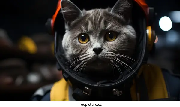 A gray cat wearing an astronaut helmet is looking at the camera