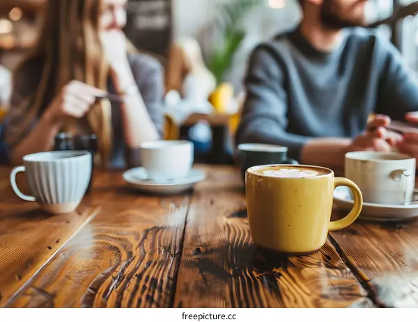 Close Up of a Yellow Coffee Mug with Latte Art on a Wooden Table in a Cafe