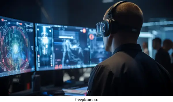 Man in virtual reality headset working on computer