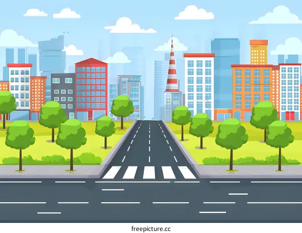 Cartoon Illustration Of Cityscape With Green Trees And Road