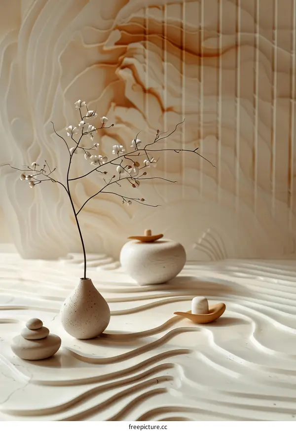 A Ceramic Vase with Cobblestones and a Flower Branch