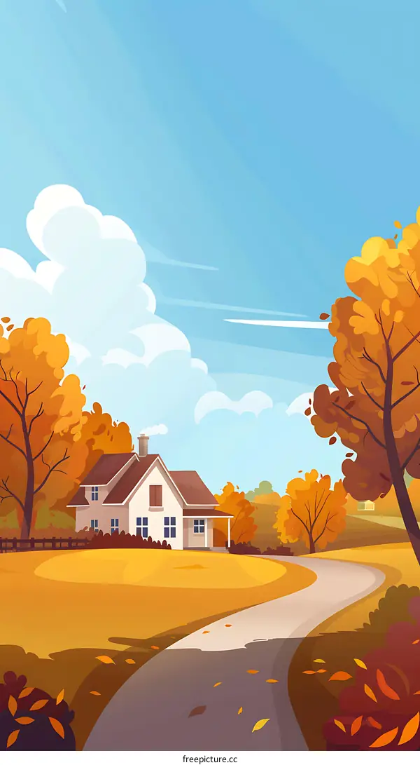 Autumn Landscape With House and Winding Road