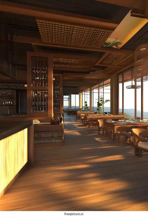 Modern Restaurant Interior Design With Wooden Ceiling and Floor